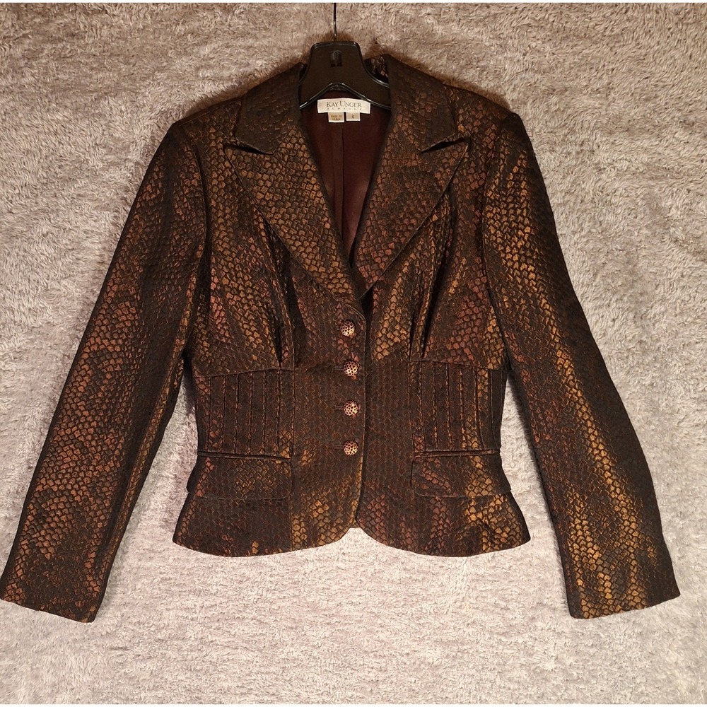 Kay Unger Snake Print Metallic Brocade Blazer Skirt Suit Set Size 6 Made Korea - Picture 3 of 16